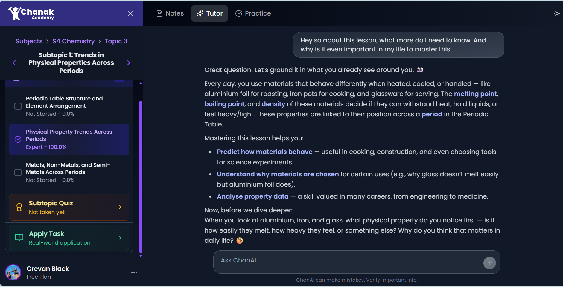 AI tutor conversation helping a student understand physical property trends