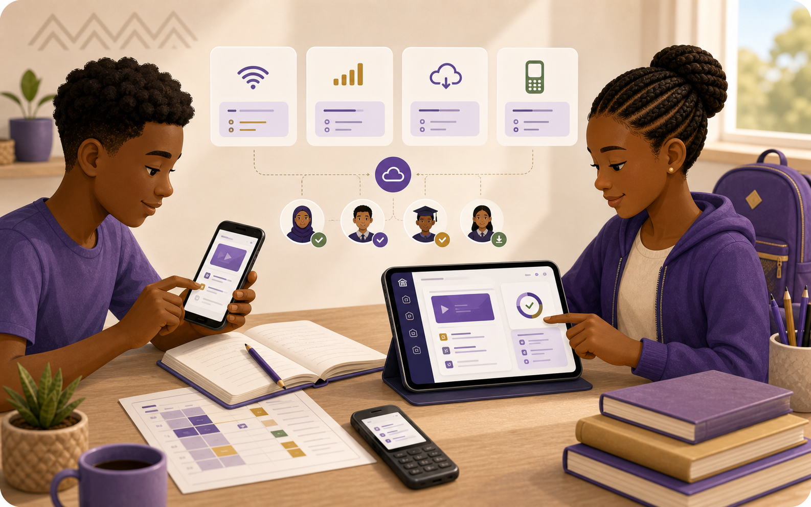 Illustration of Chanak Academy lessons on shared phones, a tablet, and exercise books