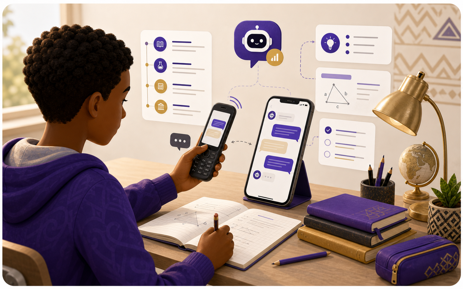 Illustration of a learner using SMS Tutor on a feature phone beside school notes