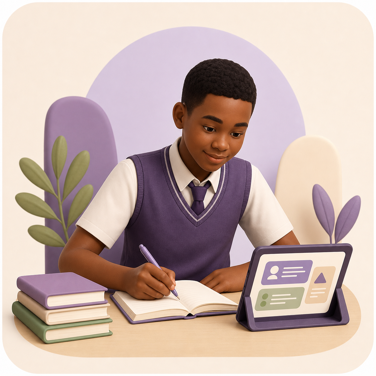 Learner studying with a notebook and tablet