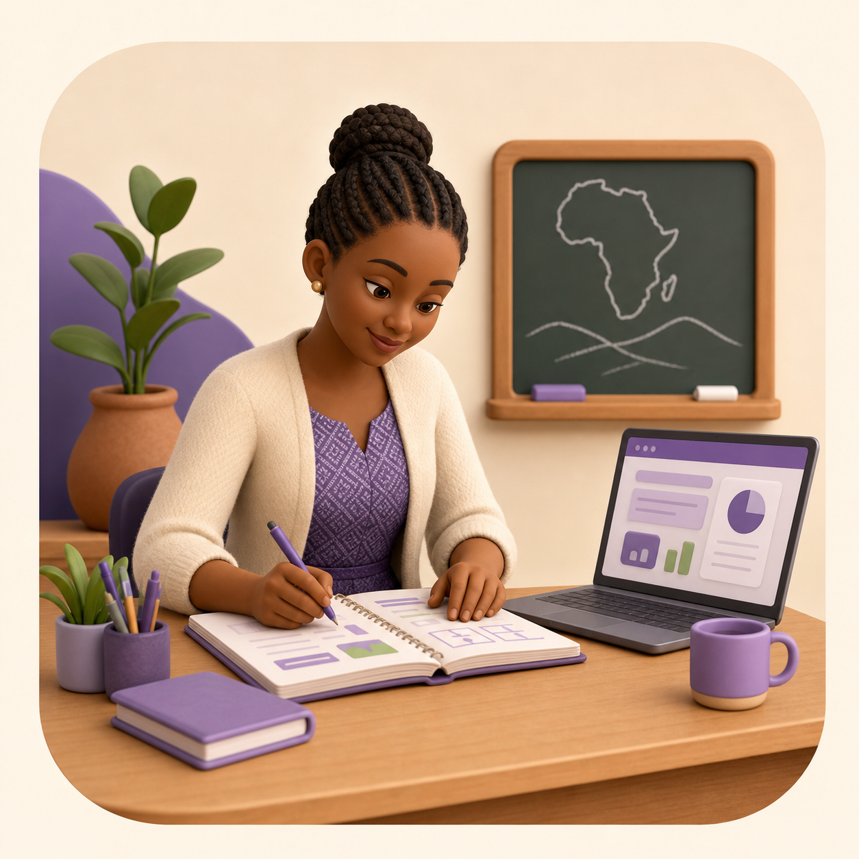 Teacher preparing classwork with a lesson planner and laptop