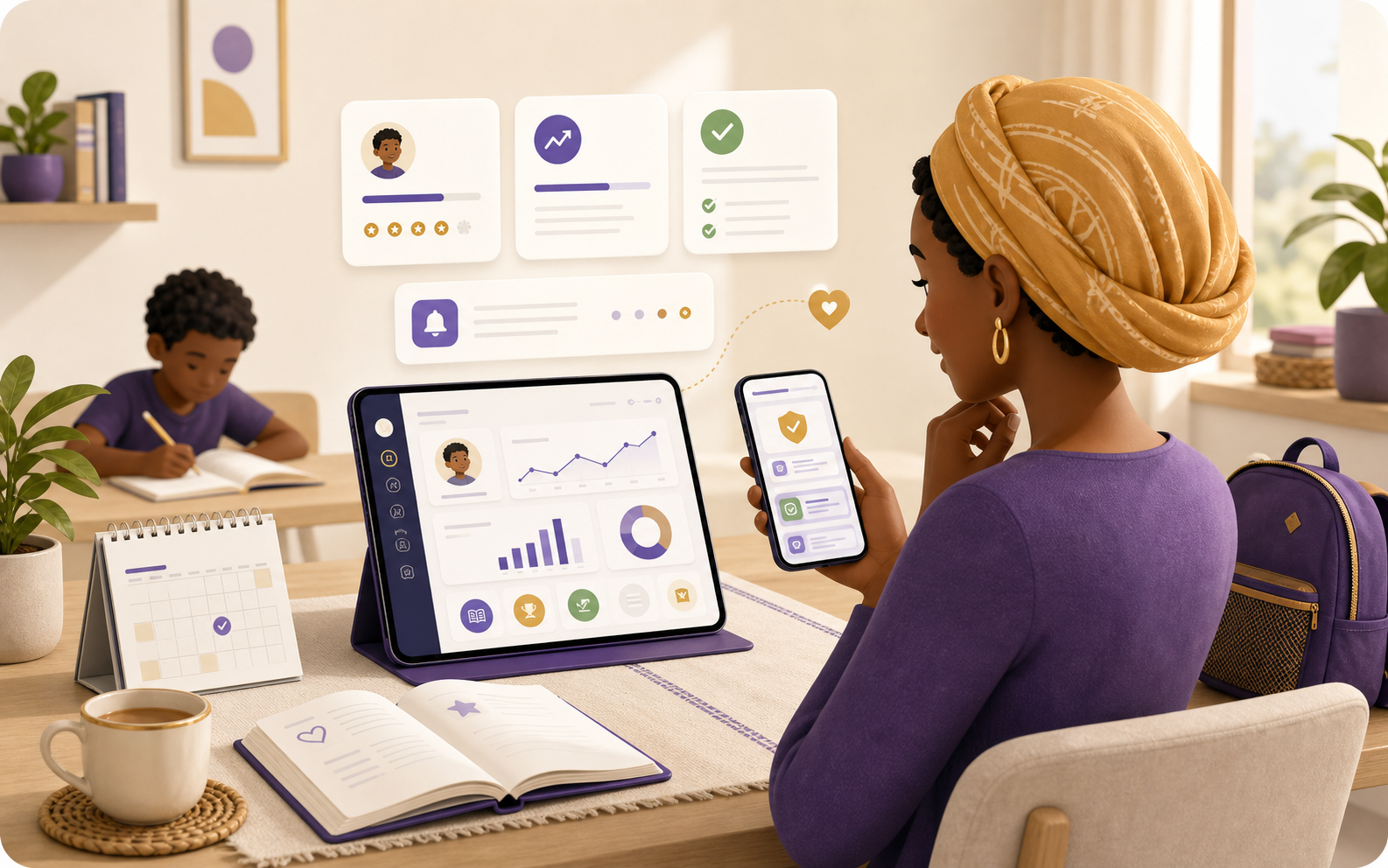 Illustration of a parent reviewing learner progress, approvals, and school updates in Chanak Academy