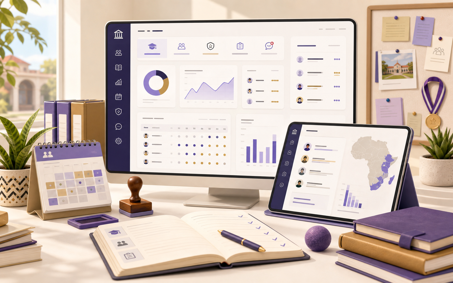 Illustration of a school leadership workspace with class records, reports, and syllabus coverage