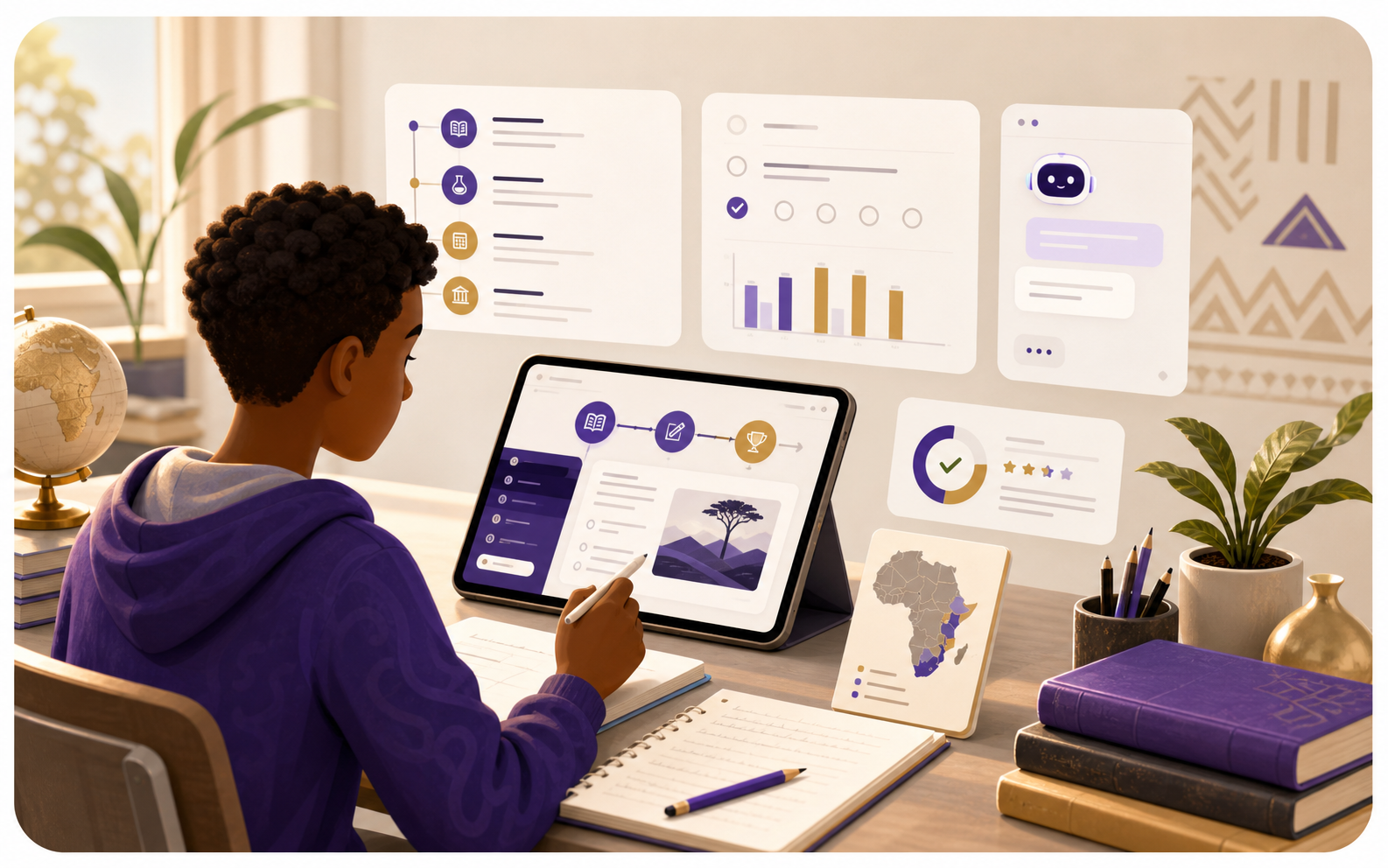 Illustration of a student using Chanak Academy lesson, quiz, AI tutor, and mastery tools