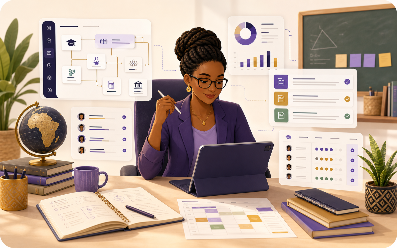 Illustration of a teacher planning lessons, assignments, quizzes, and mastery review in Chanak Academy